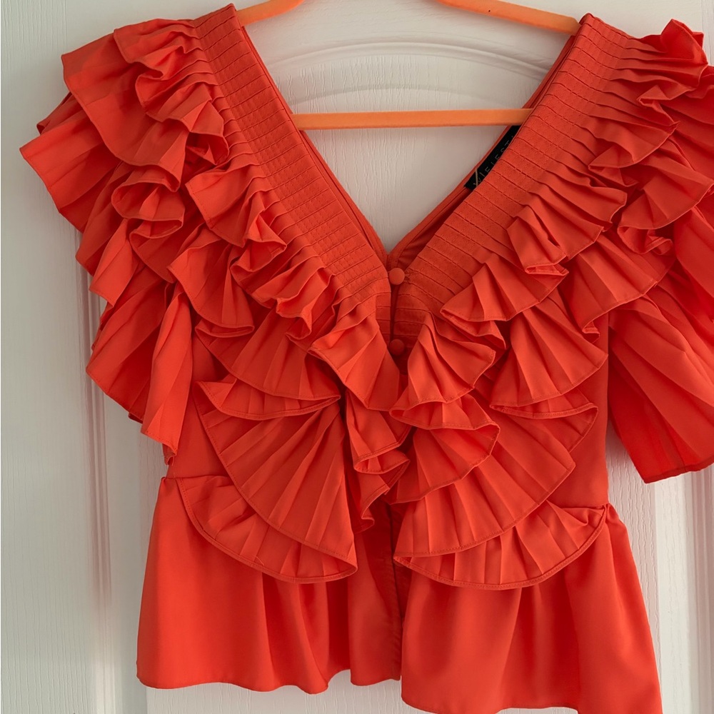 Fiesta Coral Ruffled V-Neck Blouse